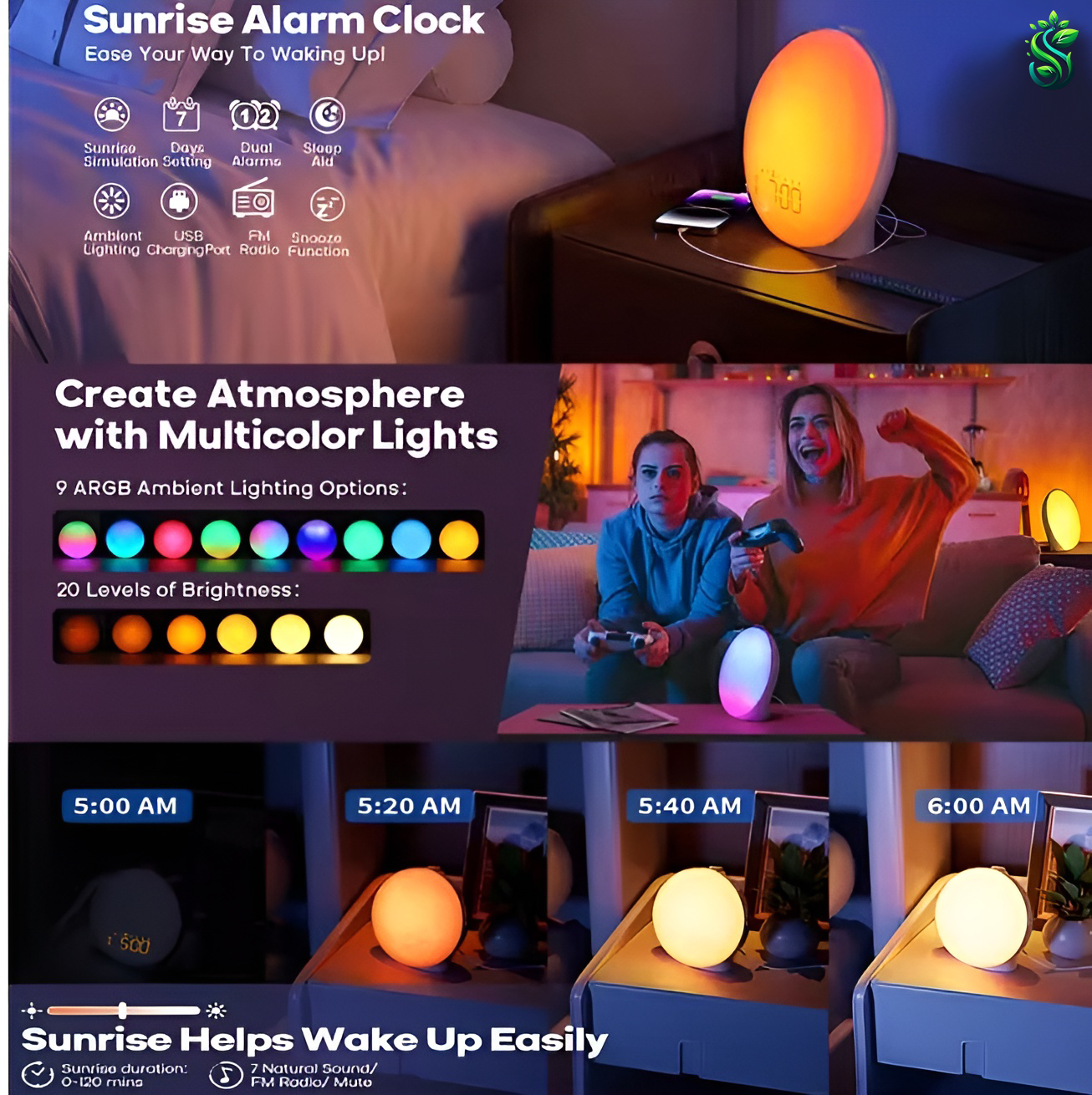 Self-Growth Sunrise Wake-Up Light Natural Alarm Clock
